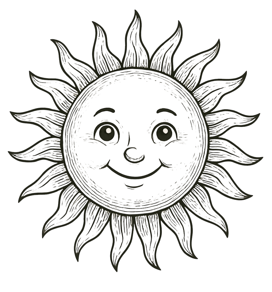 En smilende sol med detaljeret ansigt